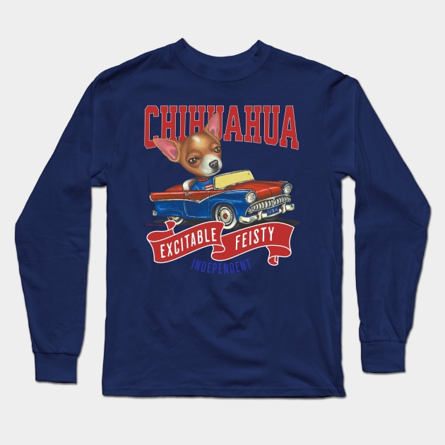 Funny and cute Chihuahua dog in a vintage retro classic car with red white and blue flags tee Long Sleeve T-Shirt by Danny Gordon Art